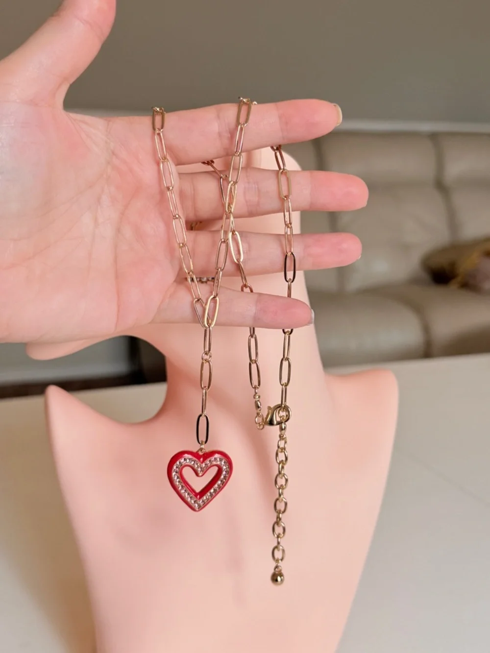Gold Chain Necklace with Red Heart Pendant - Picture 7 of 7